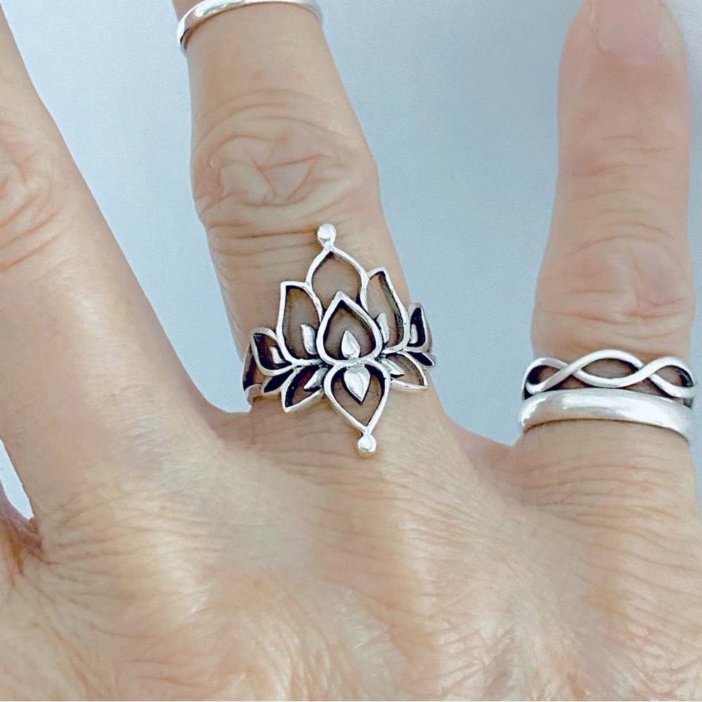 Sterling Silver Thin Vintage Style Lotus Flower Ring, Silver Rings, Yoga Jewelry - Picture 12 of 12